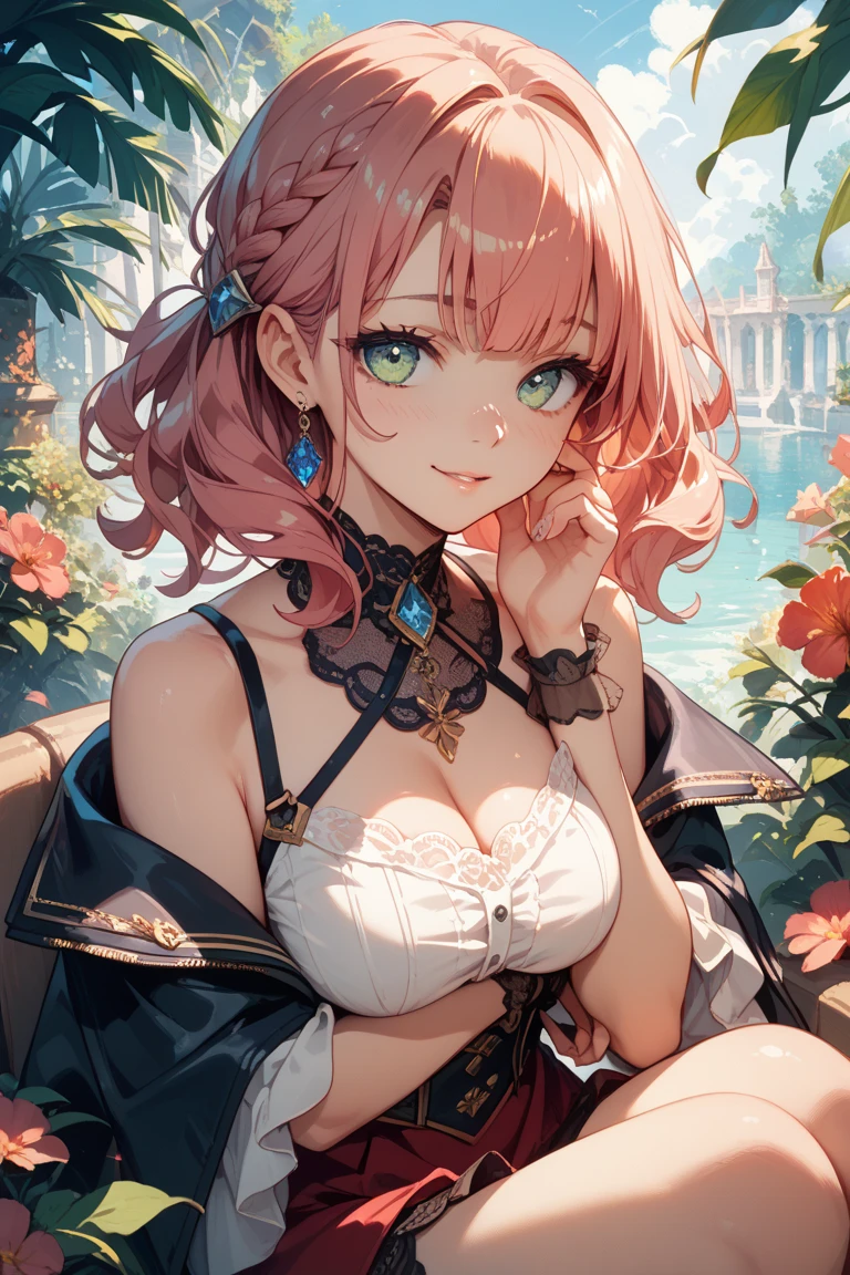 Two girls、Anime girl with pink hair and a ribbon in her hair, Cute realistic portrait, 髪の毛はSilver、Gweitz, Magical Girl Portrait, Cute Characters, Cute art style, Anime Moe Art Style, MapleStory character art, cute portrait, Cute Anime Girl Portrait, Small person portrait, artwork in the style of Gweitz, Splash Art 、Transparent blouse、drawn in detail、green lace bra、See-through、sexy lace top、I'm not wearing a skirt)、Silver、Long twin tails、bird、Wind、Thick thigharried Woman