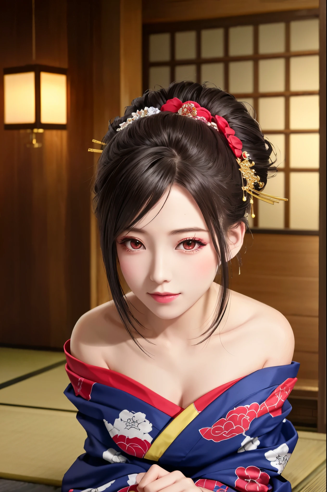 One girl, alone, looking at the viewer, modern Japanese hairstyle, brown eyes, brown, hair accessory, upper body, kimono, blunt bangs, kimono, Japanese hairstyle, bob cut, bare shoulders, big breasts, cleavage, bewitching, sexy, erotic,