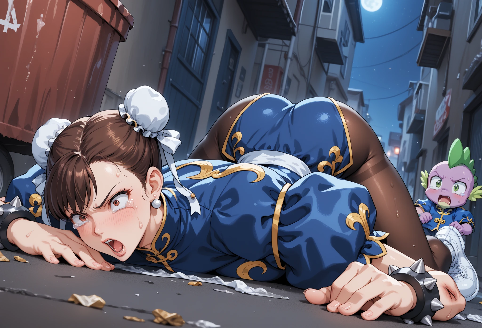 NSFW, gore, Asian, Beautiful Chun-Li, Super detailed, highest quality, masterpiece, tears. sweat dripping, frightened face, Are crying, torn clothes, my cheeks are swollen, I got a bruise on my face, scratch, scratch, Beaten face, scratch face, injury, woman, wear, scratch, 2 hair buns. forehead is swollen, 頬のscratch.eye swelling. shibari, rope, restrain, torture, prison.bondage,Drool bleed viorence nosebleeding