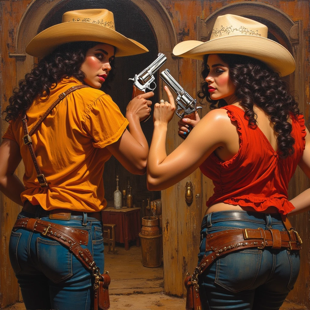 (best quality,realistic,highres:1.2),detailed,western showdown,[female sheriff] looking calm and determined,[Native American] with traditional attire, [wild west] saloon ambiance, [dimly lit] with flickering candlelight,[bar counter] with bottles of whiskey and shot glasses,[cowboy hats] and cowboy boots scattered around, [bullet shells] and [smoke] in the air, [golden sunset] shining through the windows.