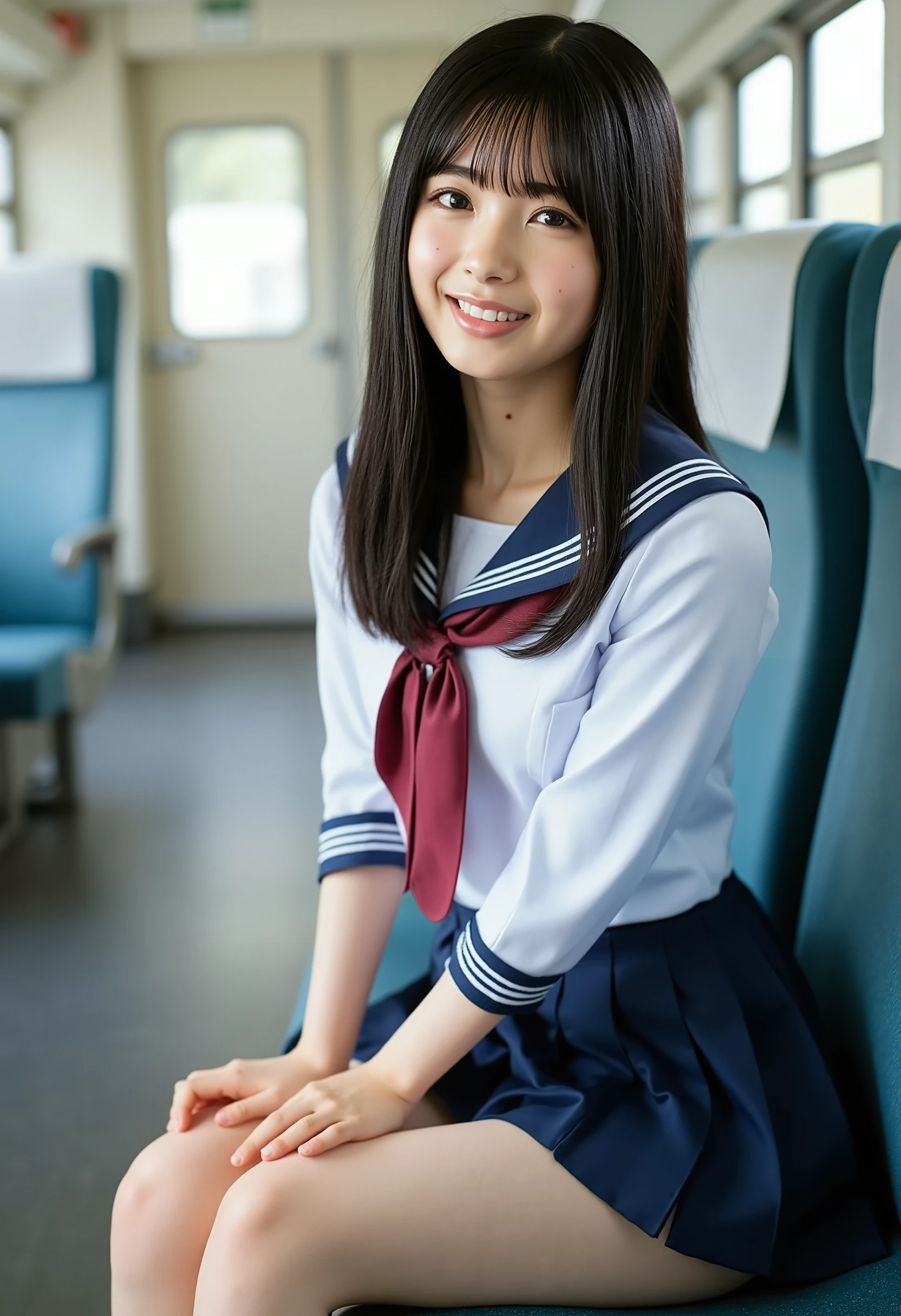 score_9,score_8_ up,score_7_ up, Ultra Details, absolute resolution, 32K,masterpiece, Highest Quality , Super High Definition, cowboy shot, beautiful Japanese girl, black hair, long hair, (Short-sleeved sailor suit worn by Japanese high school girls:1.2), (navy blue micro mini pleated skirt sitting on a train chair with legs open: 1.2), (front: 1.1), medium size breasts , perfect hand in h, perfect anatomy, Venus Rift, Thin thighs, Sitting on a train chair