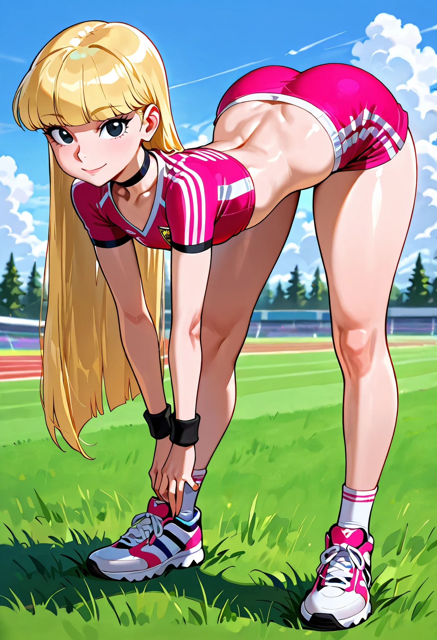 Pacifica Northwest, black eyes, flat breasts, flat chest, skinny, huge hips, long hair, blonde hair, choker , | masterpiece, best quality, 1girl, solo, soccer uniform, wristband, crop top, midriff, outdoors, track and field, downward dog, full body, bent over, top-down bottom-up, front view, sneakers, grass, blue sky, cloud, field, legs apart, looking at viewer, light smile, closed mouth