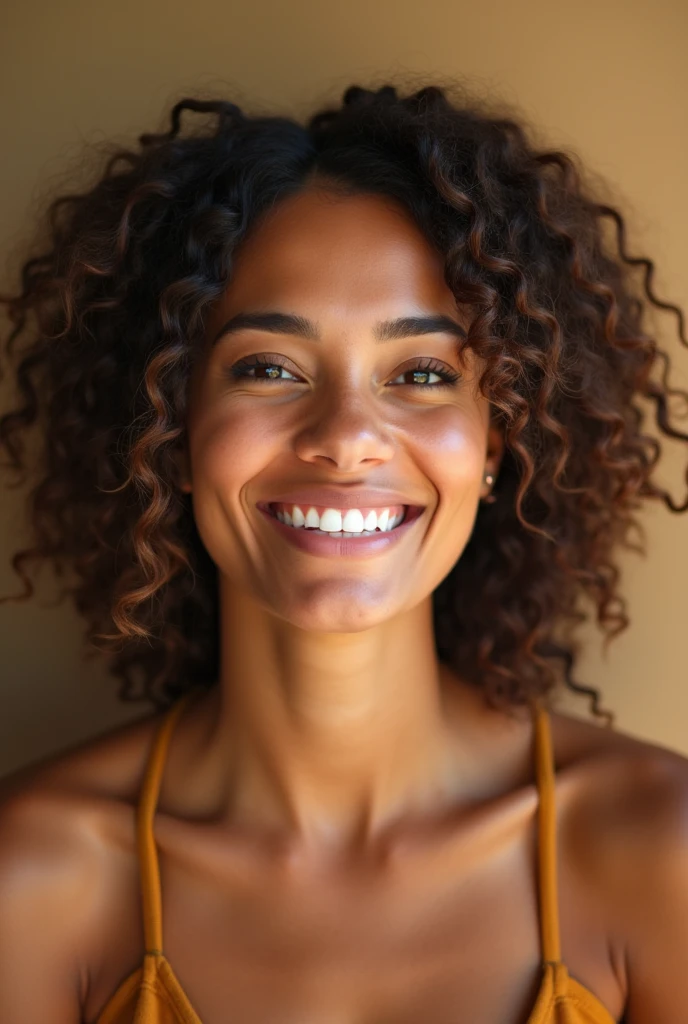 An exuberant Brazilian woman, wearing an open shirt with a floral print, with a close-up capturing the harmonious beauty between her breasts showing her natural charm and outgoing personality.