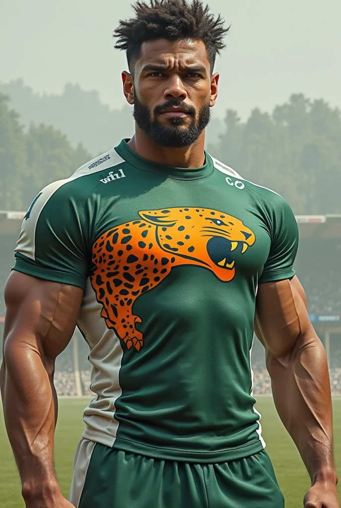 Creates rugby uniform with a cheetah as its mascot. With the colors white, green, orange and black 