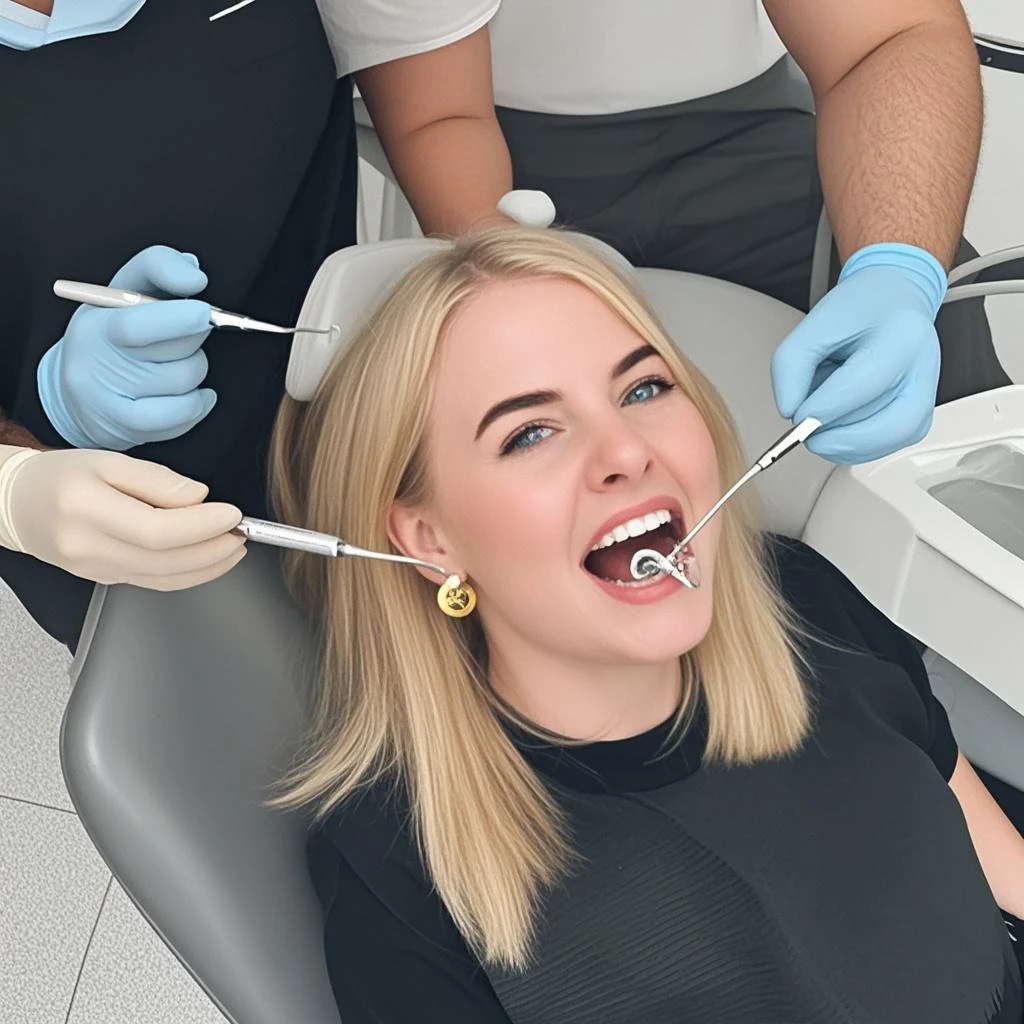Anime dentist treatment with laughing gas with girl on the chair that has her mouth open and in her mouth a brace