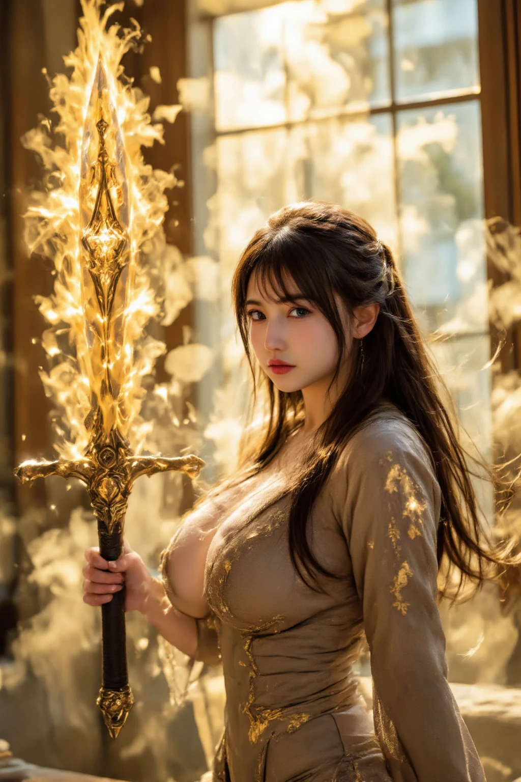 (8K、Raw photo)、(Raw photo:1.2)、(Photoreal:1.6)、(masterpiece:1.3)、(highest quality:1.4)、High resolution、nffsw、8K resolution、Check explanation、(intricate details:1.6)、(volume light)、
(real photos:1.37)、portrait、High-definition RAW color photo、professional photography、highly detailed facial parts、8k wallpaper、amazingly detailed、huge file size、official art、Detailed CG、perfect body、detailed background、1 female、(20:1.2)、beautiful woman in her 20s、realistic body、、white skin、glowing skin、because I&#39;thin、black hair、((wavy short hair))、(neat bangs: 1.3)、beautiful face、lifelike face、delicate eyes、((A devastated battlefield))、((Holding a rifle in one hand))、((pistol))、((rifle))、((flames exploding in the distance))、((Wearing damaged jeans))、((torn clothes:1.1)、bare shoulders、((Various poses))、((Thrust your arms forward))、((sad look))、((No bra))、((disordered))、earrings、necklace、cowboy shot、positive、contrapo、dynamic lighting、((well-shaped chest))、((small and beautiful pink areola))