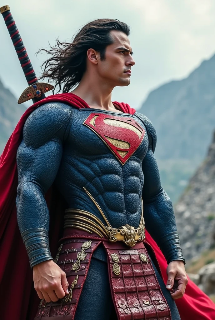 (muscular cute beautiful young boy Arion), huge strong biceps volume, huge chest muscles volume, muscular strong legs, exposed abs skin, tight leather blue trunks and cape, wavy hair, huge cock bulge, mountains background