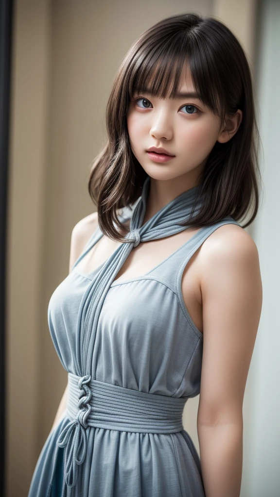 (((Masterpiece))), (High quality), (1 Beautiful Japanese girl), 21 years old, bangs, black straight long hair,she has big breasts, (Completely naked:1.5)　Nipples, front、Hollow Eyes、Blushing、Open your mouth、(the background is plain: 1.5),(facial:1.5),bukkake