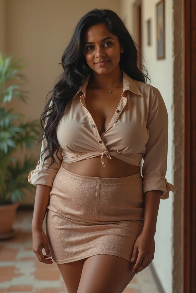 (photorealism:1.2), Absolute real indian busty model, standing with sexy pose,sexy look,wearing blouse,Busty seductive curvy body figure,sexy curvy milky goddess tits,wearing short pants, long curly hair, cozy room,sexy seductive pose,ultra realistic, intricate details