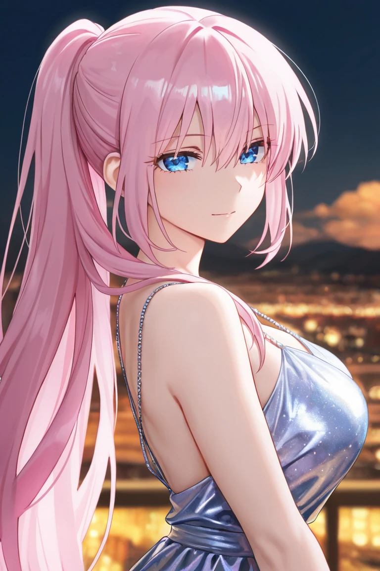 shikimorisan,1girl, pink hair, long hair, blue eyes, hair between eyes, bangs, ultra realistic 8k cg, flawless, masterpiece, solo, 1girl, casino, rich, night dress, cutout, necklace, earring, golden, face focus, gleaming skin, elbow gloves, cleavage, shiny dress