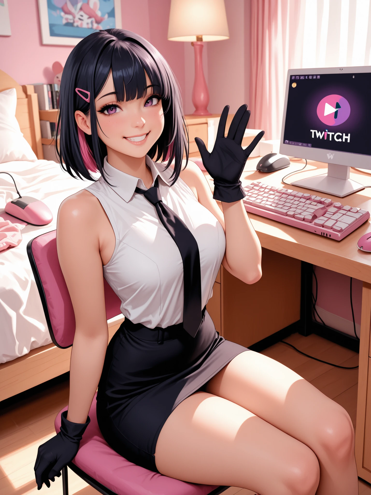 masterpiece, best quality, twitch-chan, hairclip, hair ornament, collared shirt, sleeveless, necktie, gloves, sitting behind a desk, looking at viewer, smile, waving, bedroom, bed, computer mouse, keyboard