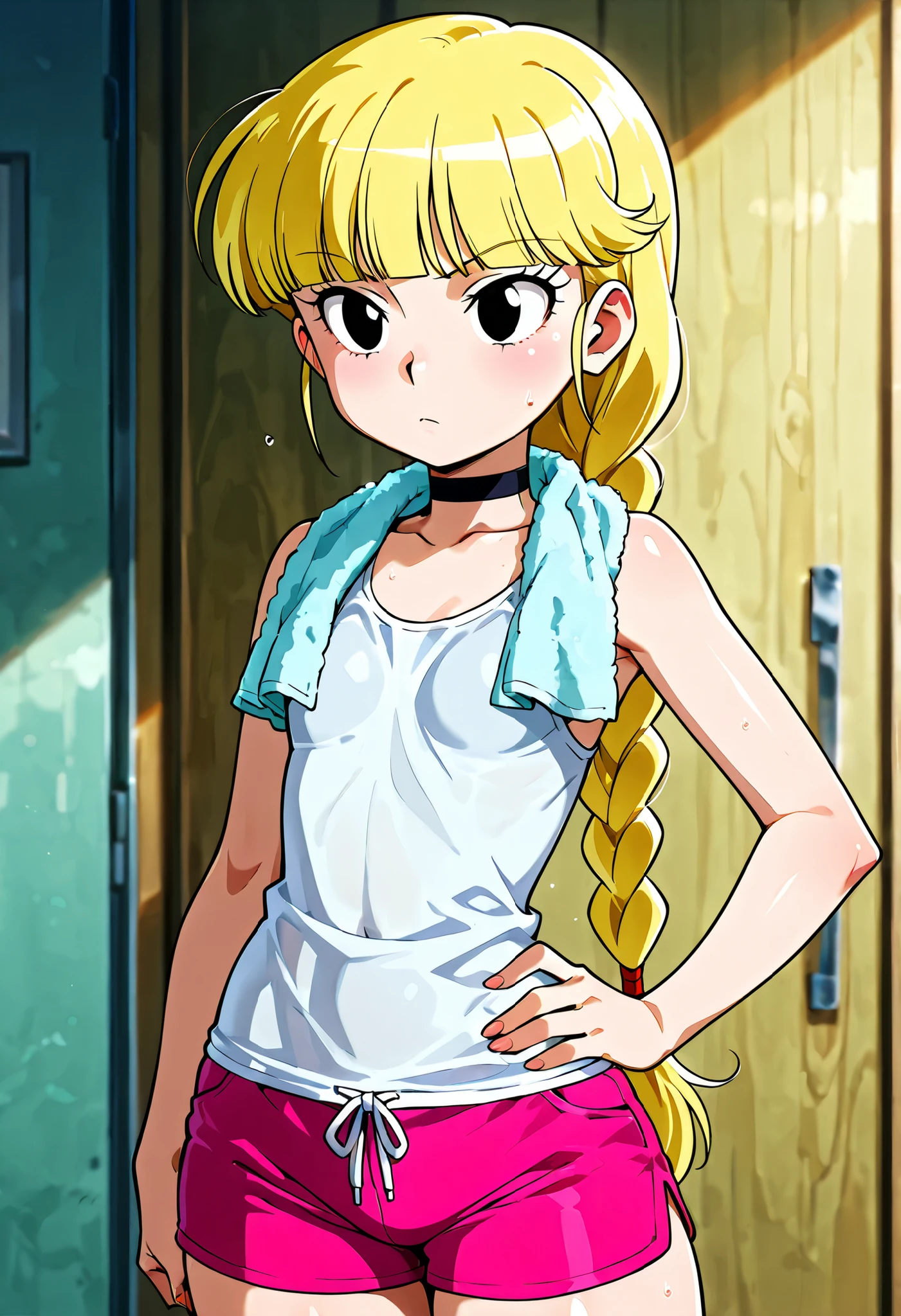 Pacifica Northwest,black eyes, flat breasts, flat chest, skinny, huge hips, long hair, blonde hair, choker , | score_9, score_8_up, score_7_up, source_anime, anime screencap, ultra detailed, skin_detail, lustrous_skin, shorts, hand on hip, single braid, tank top, towel, towel around neck