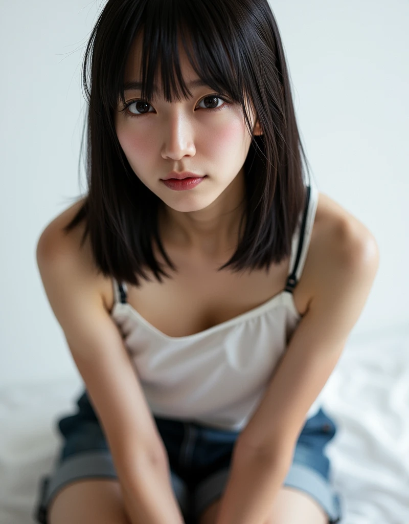 photorealisim、(A 12-year-old girl:1.5)、（During the filming of adult videos)、(Hide your chest with your arms:1.9 ) 、(Tank top and short pleated skirt:1.5)、(Sit with your knees open:1.6)、(Balanced slender body:1.5)、(Smaller chest:1.5)、(Young and cute hairstyle:1.7)、Embarrassed look、Very white skin、Letting down your bangs、Detailed body、Detailed hand、No makeup