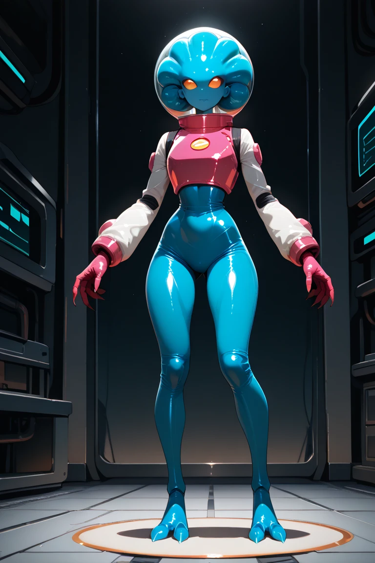 ultra detailed of a woman cyborg, 1girl, (natural skin texture, realistic eye details:1.2) alias_mega manx, alone, breasts, blue eyes, blonde hair, Android, long hair, robot ears, stand at attention, neutral stance, artwork, high quality, hypnotized, blank expression, mannequin