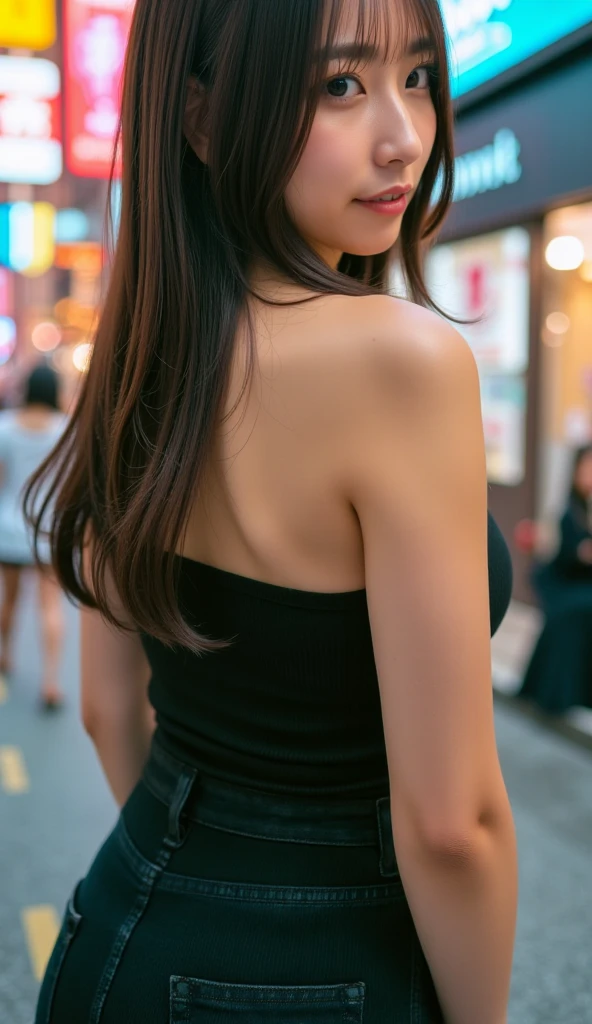 Best quality, masterpiece, ultra high res, (photorealistic:1.5), raw photo, 1girl, black offshoulder, show back,street background , deep shadow, low key, warm light, sexy look, long hair,35mm film