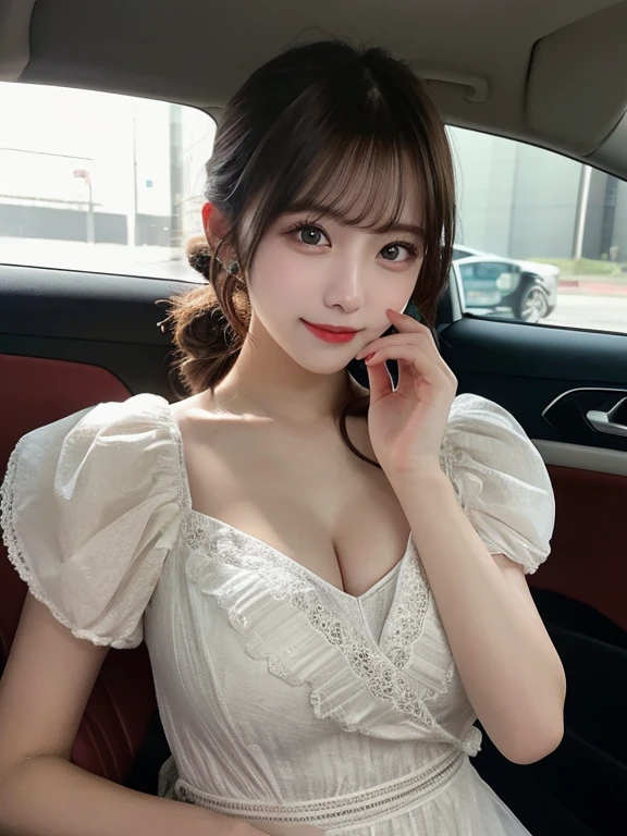 A young Japanese idol sitting in the back seat of a luxury car, wearing an extremely short dress. She is lounging back with her legs apart, revealing her underwear, giving the camera a highly seductive look. The background features the interior of a luxury car. Highly detailed, realistic, intimate yet luxurious atmosphere.