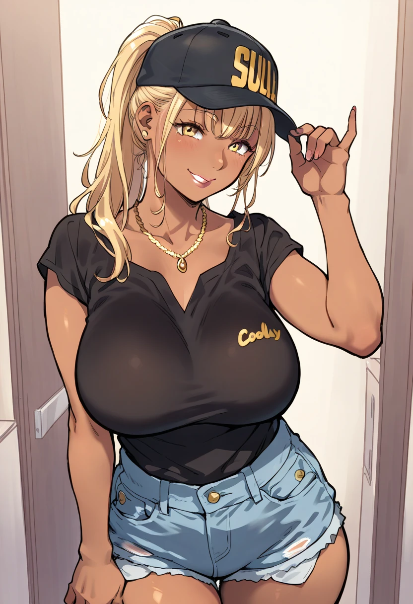 Elf, brown skin, K cup breast, thicc thigh, thong, hat, ultra mini shorts, string bra, gyaru, night park scene, charming smile, clear view