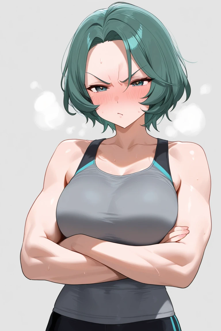 1girl,abs,arms behind head,breasts,clothes lift,frown,glasses,green hair,muscular,muscular female,pants,scar,shirt lift,short hair,signature,solo,sweat,track pants,underboob,white background