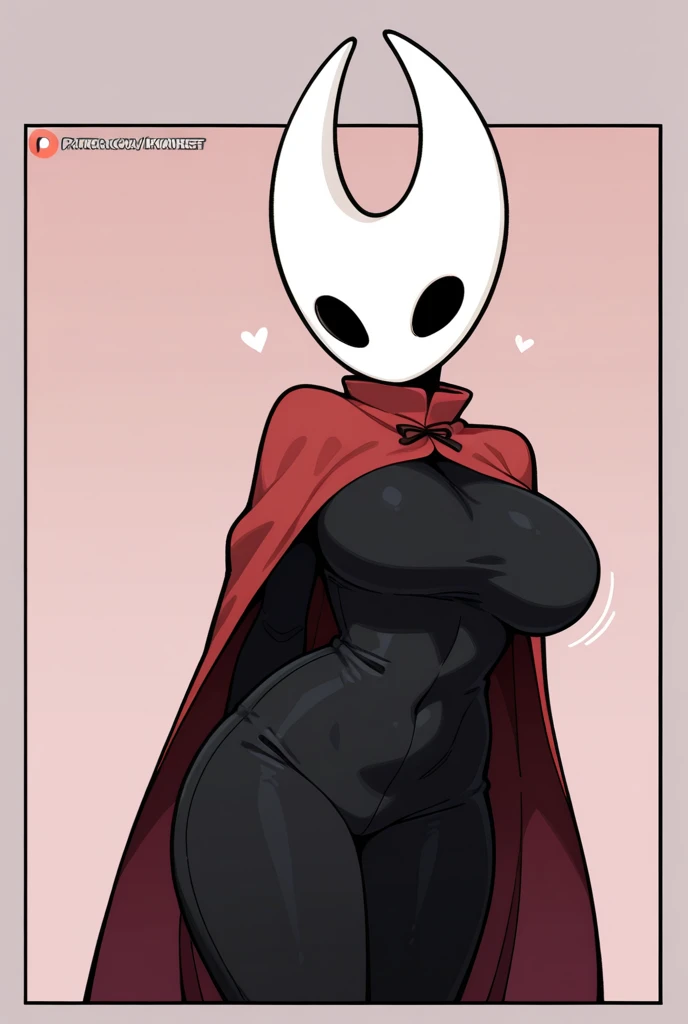 full body, hornet, 1girl, solo, mask, simple sauna, (black skin:1.2), capelet, turtleneck, hands on hips, black bodysuit, black eyes, navel, covered in cum, blushing, expressive eyes, wide hips, large breasts, thick thighs, steamy, pleased, stomach bloated, exposing pussy, ejaculating, e621, nsfw