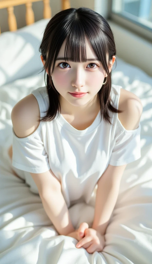 ollarbone,pastel colors t-shirt,off-shoulder look,bare shoulder,midriff peek,string panties,open mouth,tongue out,cum on tongue,lying,looking ahead,from above,side view,cowboy shot,(1girl,Beautiful 14 year old girl),((Slender,Small breasts,Small face,)),looking at viewer,Black Hair,bangs,one side up,Beautiful and detailed,Mischievous smile,Dimly lit room,Simple Background,bed,pillow,best quality