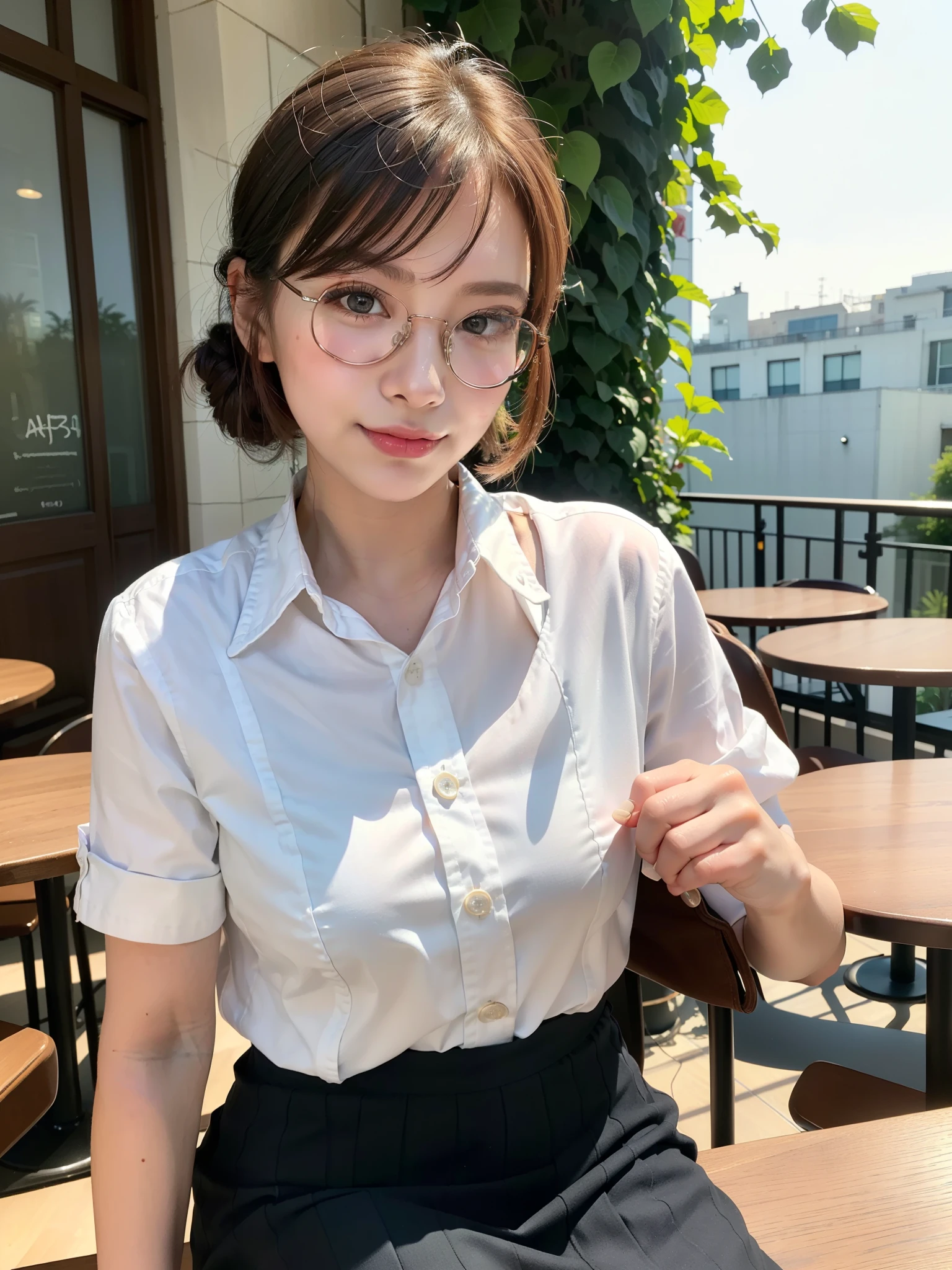 Ulchan-6500-v1.1, (RAW photo:1.2), (Photoreal), (See-through:1.3), (genuine:1.4), １Girl in glasses、22 years ago、game_ticker, オーシャンブルーのeye(eye), smile of shame、I keep my hair up and short、(Elegant silk blouse:1.3), (super realistic pantyhose:1.2), (flare skirt:1.2), sitting in the office and working at the desk、realistic skin texture、shiny skin、exposed thighs!!! , compensate、