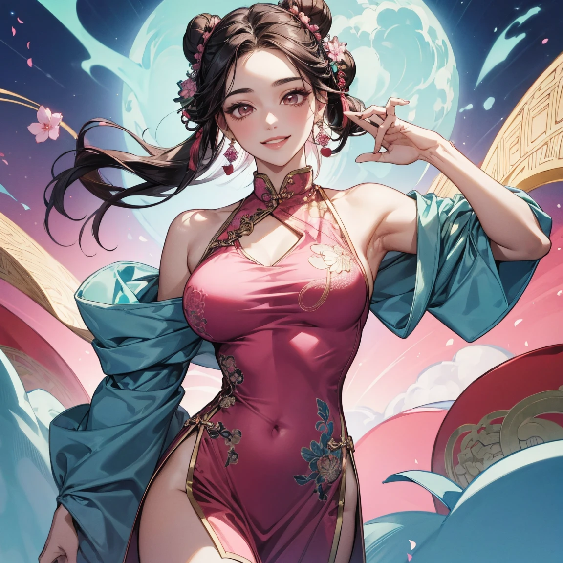 ((High-quality CG, Chinese painting style), (one female), bust drawing, character standing painting, a beautiful fairy dancing in the magnificent sky, beautiful and gorgeous posture, beautiful appearance like a flower, dressed in gorgeous clothes, like the first bloom of snow lotus, eyes shining with happiness, full of light, brilliant magic array surrounding, containing oriental aesthetics, gorgeous fairy clothes, exquisite posture, long hair like a waterfall, white light flashing, dreamy clouds, C4D, OC rendering, movie edge light, fine light, masterpiece, super detail, epic composition, ultra HD, high quality, 32k