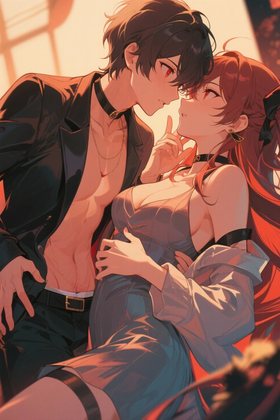 ((masterpiece)), best quality, ((expressive eyes)), perfect face, ((ultra detailed)), HD, 4K, BREAK, ((1boy and 1girl)), (boy hugging girl), ((boy in back)), ((girl in front)), BREAK, ,{1boy, (((human male))), (((no horns))), ((black hair)), (((long ponytail))), ((open skirt)), (black eyes), (((gentle smile)))}, {1girl, ((Epis)), ((beautiful body)), (BREAK, ((short hair)), ((red hair)), ((red eyes)), ((red lips)), smile, ((middle red horns)), BREAK, ((perfect ass)), ((red and black lingerie)), ((garter belt)), (stockings)}, in bedroom