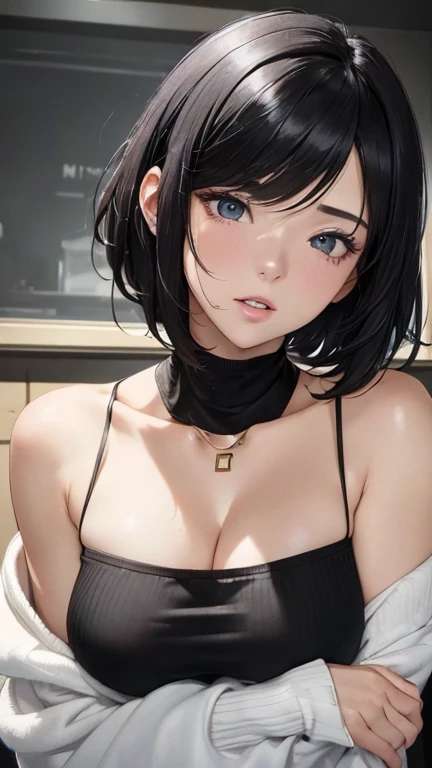  Amazing portrait of a sexy woman with a beautiful face emphasized by amazing makeup and beautifully detailed eyes with perfect lips wearing her short black hair in a bob with a white hairband blushing intensely as she's flustered and lustful wearing some elegant earrings and a black sleeveless sweater accentuating her medium chest paired with a cream skirt that accentuates her thick curvy body making her look hot with vibrant colors and soft lighting