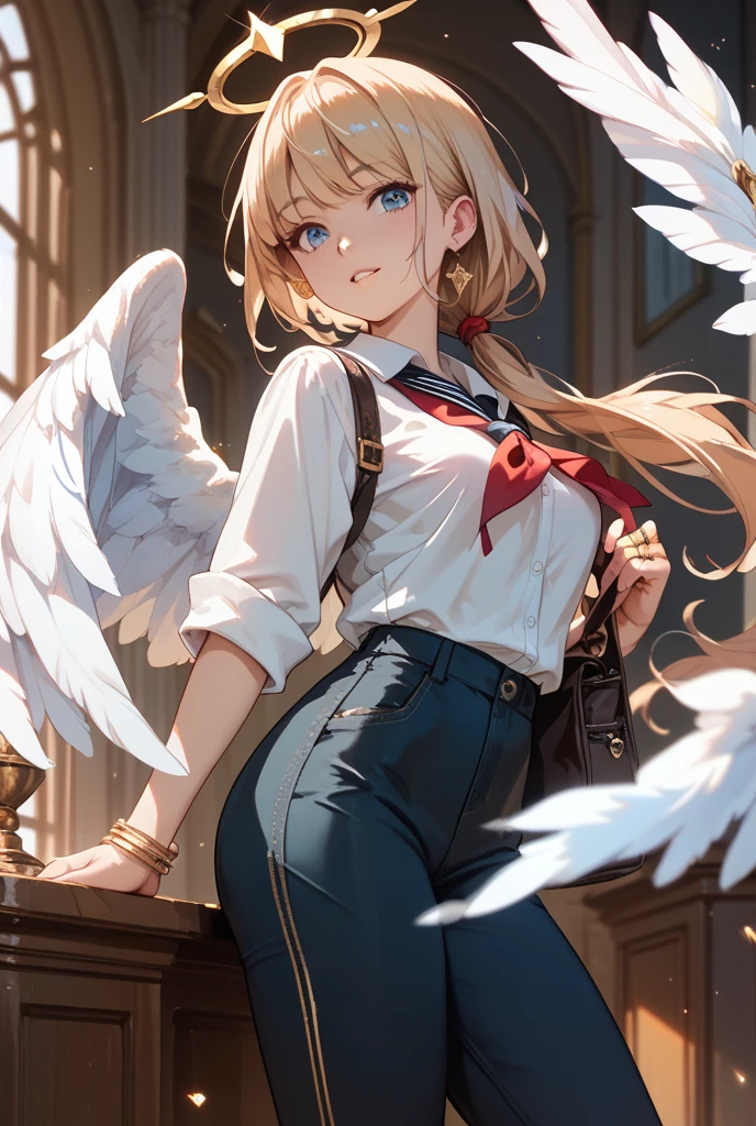 Realistic image, detailed image, 1 girl. She has sky blue eyes. She has blonde hair. with wings behind her back. She wears an oversized V-neck sweater, adorned with hearts. Pleated white miniskirt. Sneakers. Small breasts, narrow waist, wide hips and thick thighs. Arched back. Smile. White background. Uniform background. Volumetric light. Ambient light