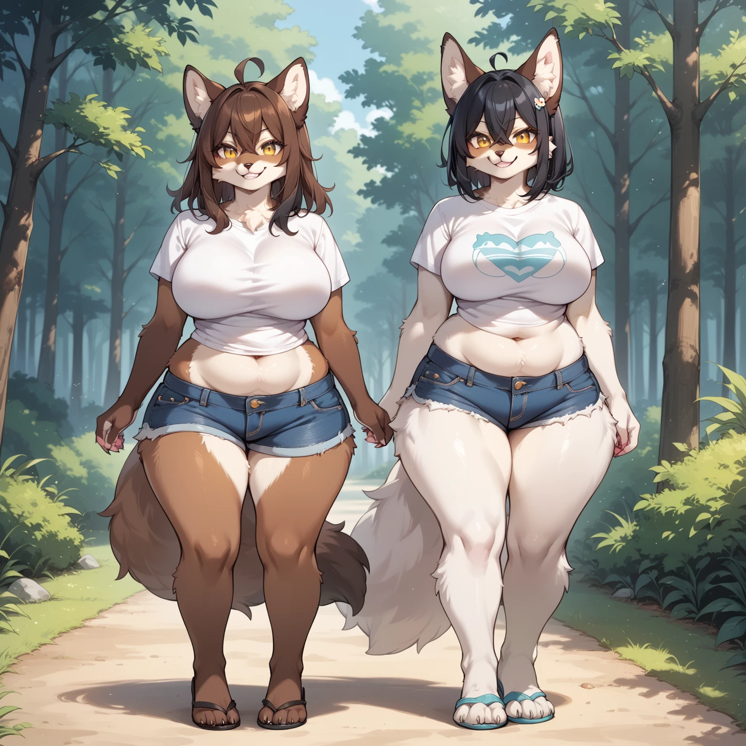 (2girls:1.2, duo:1.1, age difference:1.2), nsfw, (furry:1.2), (fluffy:1.1), (anthro:1.2), (snout:1.2), long hair, large breastulticolored hair:1.2, black hair | brown hair), (gynomorph:1.4), (smile:1.1), (crop top t-shirt:1.1, cleavage, nipple), looking at viewer, from below, snow, winter, forest