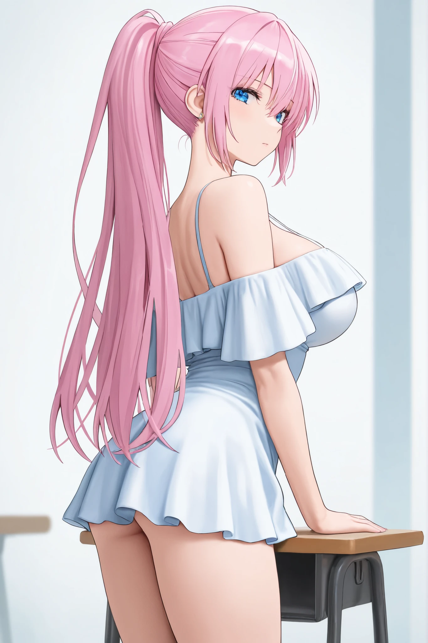 (masterpiece、highest quality、Super detailed)、((One girl))、((Pink Hair))、((Twin tails))、((Light blue eyes))、blush、((Open Mouth))、Earrings、((Very large breasts))、((pink bra))、((Naked lower body))、Cowboy Shot、Pretend、Turning your butt off、Shoot from behind、Locker Room Background
