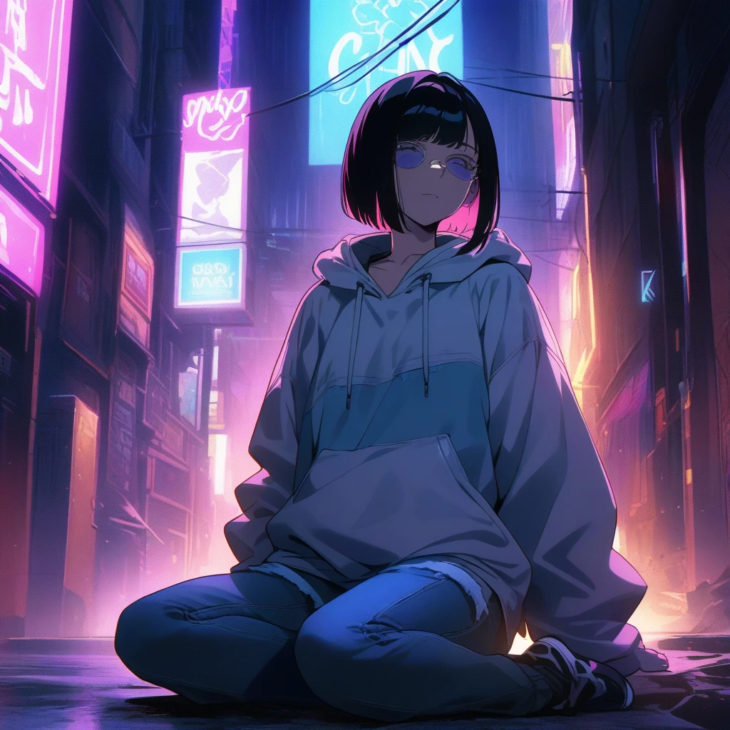 Anime girl sitting on the floor，A cat in his hand, style of anime4 K, black haired girl wearing hoodie, By Yuumei, Guviz-style artwork, Anime style. 8K, the anime girl is crouching, drawn in anime painter studio, In anime style, Guweiz in Pixiv ArtStation, Digital anime illustration