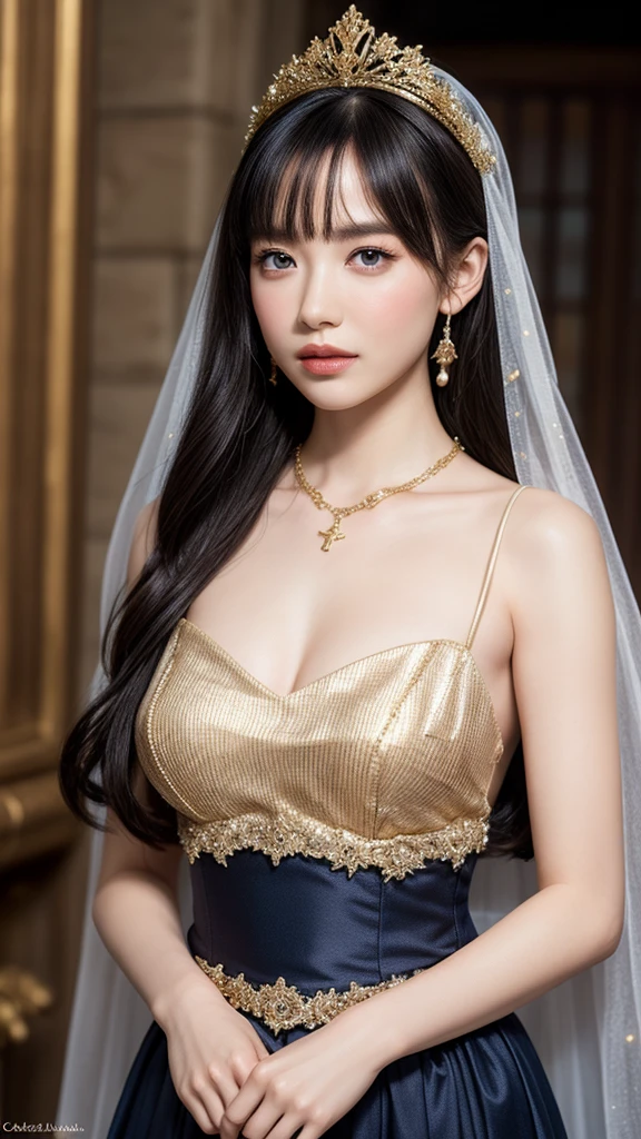 ((nude)), ((medium breasts)), ((medium breasts)),((wearing necklace)),((naked)),((nudes)),((nude)),(realistic, photo-Realistic:1.1), closed mouth,((pubic-hair)),(mature female:0.5),golden proportions,(Kpop idol),(shiny skin:1.2),(oil skin:1.1),makeup,(close up),(church background),depth of field,((long wavy brown hair)),(puffy eyes),(eyelashes:1.1),fantasy art style,(dreamy veil:1.1),(dusk:1.2),(diamond necklace),(crystal hairpin),tyndall effect,asian girl,1 girl,girl