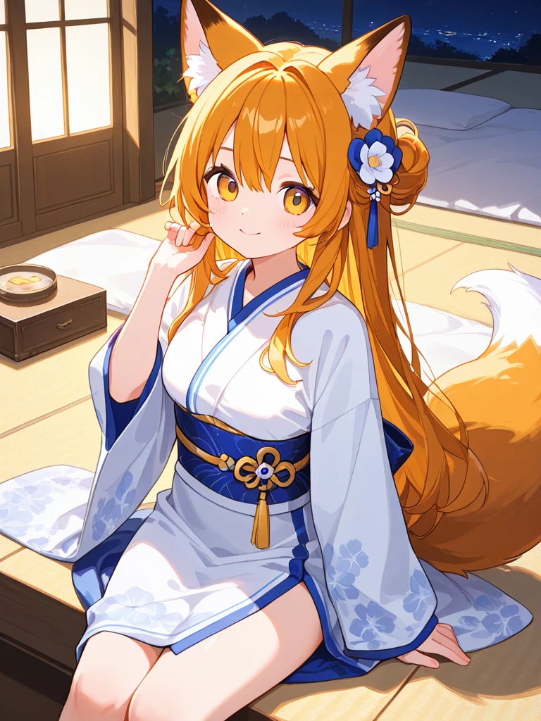 (masterpiece, best quality: 1.2), high resolution, high quality, fox girl, cute , smile, outfit random, orange hair, a fang, spiritual aura, sitting, sideways