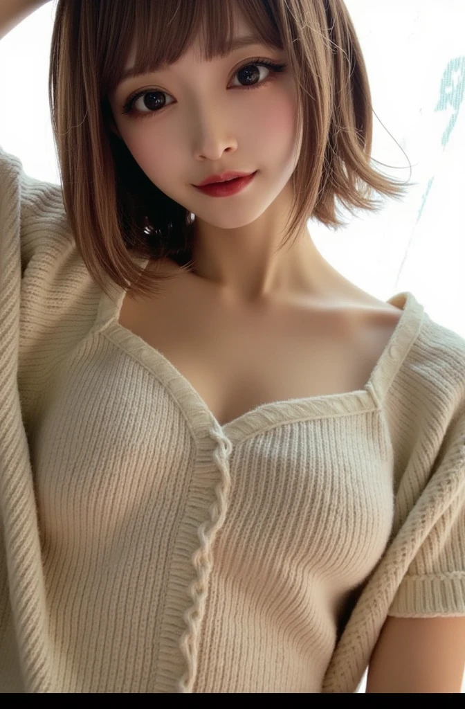 ((highest quality, 8k, masterpiece: 1.3)), 1 female, Japanese Idols,Sensual beauty: 1.3, (Hairstyle Brown Hair Short Bob, big: 1.2), Casual nightwear: 1.1, Very friendly face, Delicate eyes, double eyelid,Mole, Thick eyebrows,Sit on the sofa,Plump body,Crossing his fat legs,Luxurious Belly Meat,Cowboy shot from above,