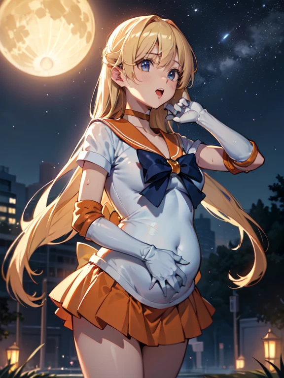 master piece,best quality,ultra detailed,8k, ambient light,realistic skin,glossy skin,
(sv1, sailor senshi uniform, orange skirt, elbow gloves, tiara, orange sailor collar, red bow, orange choker, white gloves, jewelry)、(sailor senshi uniform)、Clothes are severely torn、
(cowboy shot)、(arched back:1.2)、(from front)、Open your mouth wide and stick out your tongue、(the body is very wet:1.3)、(from below:2)、constriction、(delicate body:1.3)、normal bust、emphasizing the cleavage、 glossy lips、Slightly emphasize the lower lip、blush、embarrassed expression、
fantastic night sky、full moon、aurora、horizon、open-air bath、Japanese inn、Castle、futon