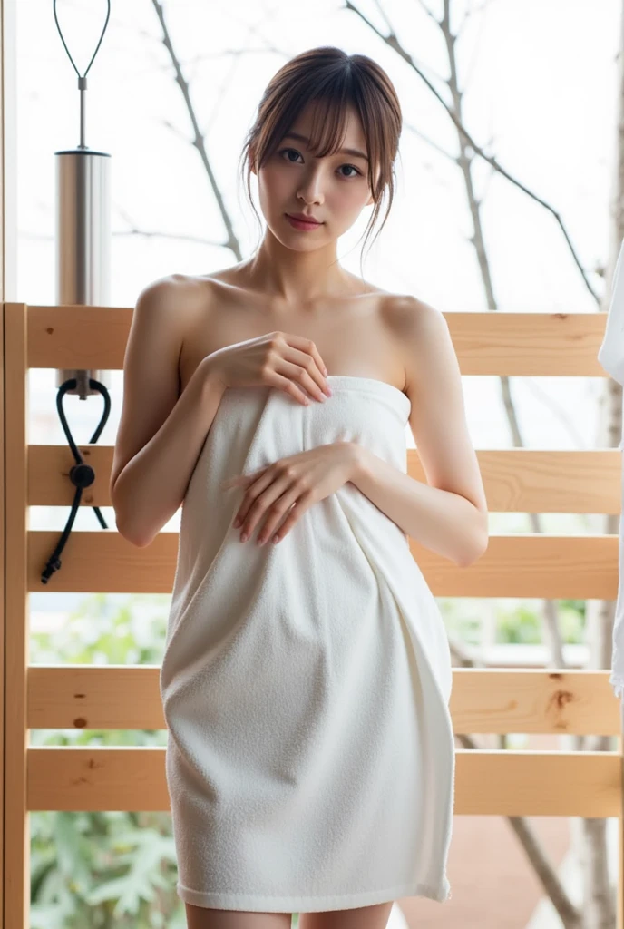 (Highest quality:1.4),(masterpiece:1.4),(Realistic:1.4),(Realistic:1.2),(超High resolution, RAW Photos:1.4),(High resolution, Ultra-detailed:1.2),(8k:1.2),View your viewers,Cinematic photography,a photo of a dark-haired,One girl,alone,((After bath,Completely naked,Damp Hair,Wrap a bath towel around your body,View from the front)),skeletally correct,(Western-style building interior,Dimly lit room,The lamplight shines on my cheeks)