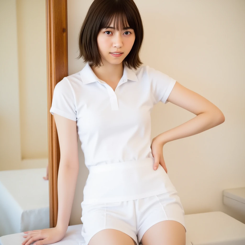 (((Small))),masterpiece, highest quality, High resolution, wallpaper, Realistic, Bright lighting, Professional Lighting, Face Light, Smooth lighting, Japanese Girls, ((Whole body 1.4)),Are standing, cute, smile, beautiful girl, gravure, sexy, so beautiful, Beautiful Skin, Beautiful and detailed、Detailed face、slim、Moderate, short hair, Blonde Hair, Brown Eyes, View your viewers,Tennis player costume,mini skirt,sit,knee up,White panties,Panty Shot,Small,Bare legs,
