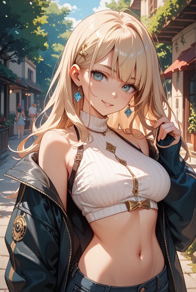 realistic, 1girl, blonde hair, brown eyes, glowing eyes, crop top, skirt, parted lips, blush, night, flowers, sun, sunlight, seductive pose, firm breast, no bra, 8k, Beautiful lighting, Textured skin, Super Detail, high detailing, High quality, hight resolution, looking at the viewers