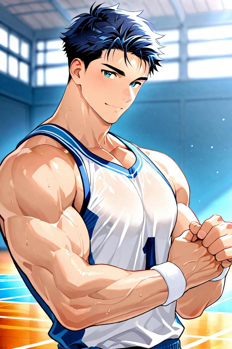 1 male, Japanese male model, high resolution 4k, adult, handsome, perfect face detail, detailed eyes and face, clean shaved, sixpack, white eyebrow hair, white eyelashes, Naked torso, Detailed face, perfect face, dynamic lighting, Real skin texture, detail Perfect hand details, Real and complete hand details, unreal engine, hd picture, satoru gojo, Jujutsu kaisen, white hair, short hair ,hair between eyes ,blue eyes, white skin, wolf ears, wolf tail, background football field, undershirt