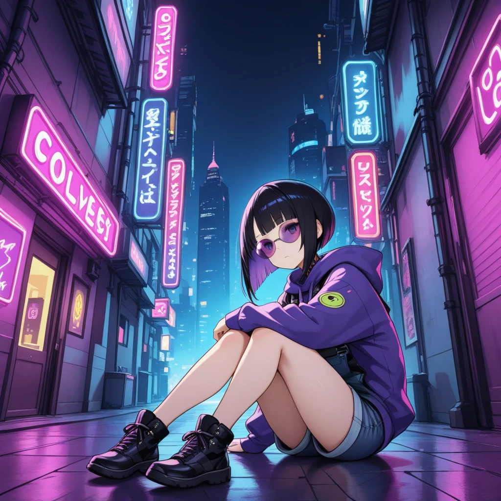 (Tokoyami Towa/(Hololive/):1.5),(masterpiece:1.2),(best quality:1.2),, (1girl:1.3),(origin:1.5),illustration of Tokoyami Towa in the cyberpunk environment of the futuristic city. The image will show Tokoyami Towa in her Japanese outfit with a futuristic mask, sitting on the roof of a building with a panoramic view of the city. Her purple eyes will stand out against the dark and futuristic environment around her. In addition, Tokoyami Towa's Japanese cap and jacket will have futuristic details that give it a touch of advanced technology. The illustration will be highly detailed and realistic, with impressive lighting effects that will make her feel like you are right there.