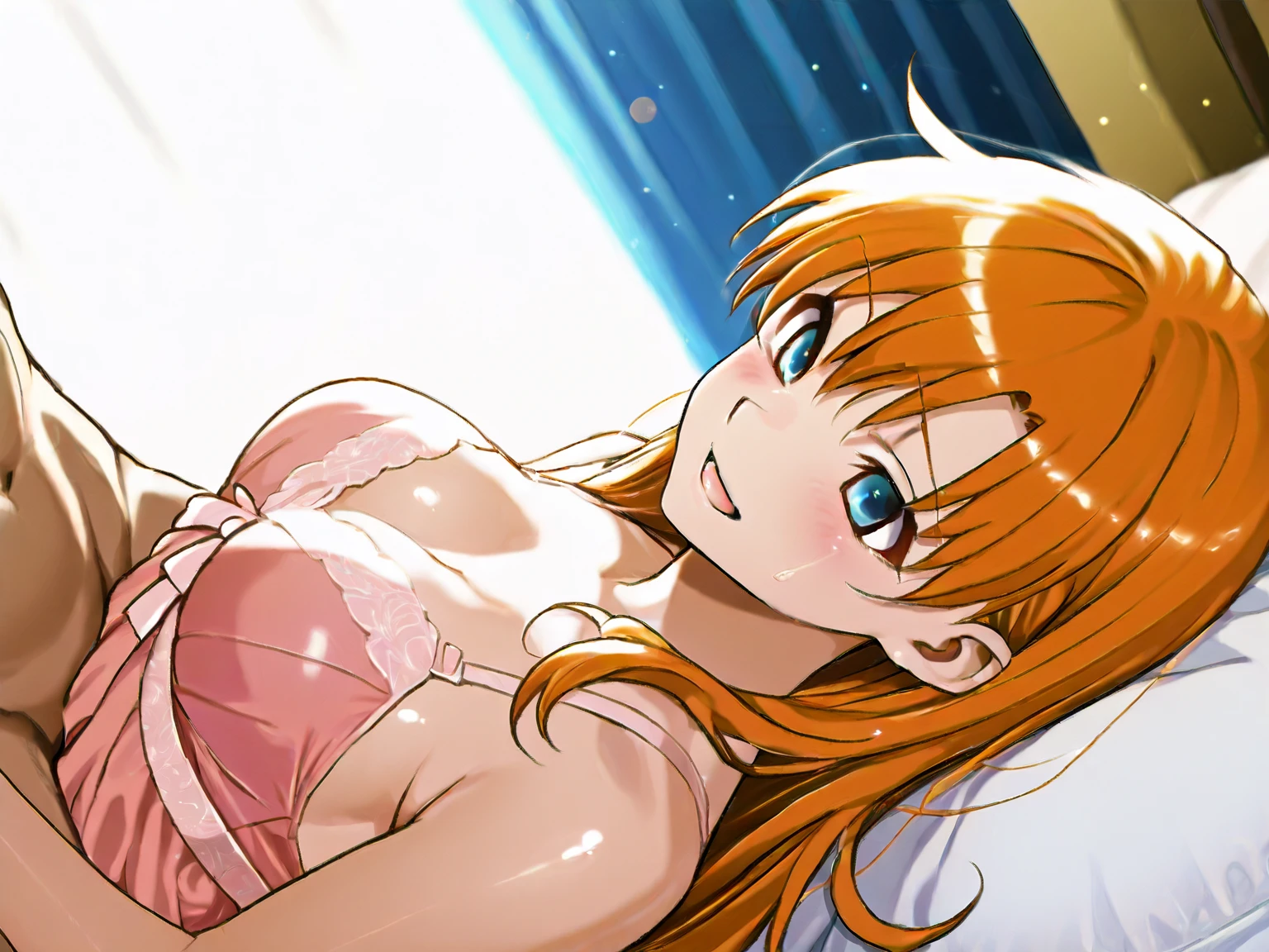 highest quality, masterpiece, 1 girl, shine background, looking at the viewer, portrait, light smile, shine, pastel colour, undressing, Button removed, white bra, white panties, ベッドルームのmasterpiece, cleavage, how, wide open mouth, stick out tongue, how shot, how on mouth, how on face, how on breast, facial,