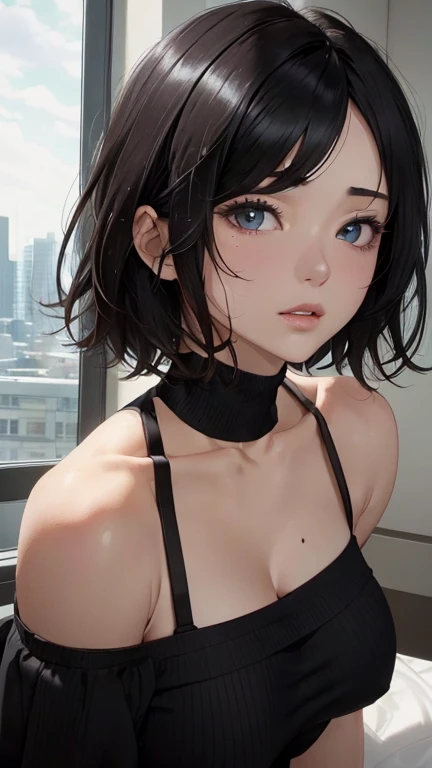 (masterpiece, best quality:1.2), noodle (gorillaz), black hair, 1girl, black eyes, bangs, parted lips, breasts, small breasts, bob cut, absurdres, highres, 4k, ray tracing, perfect face, perfect eyes, intricate details, highly detailed, top-quality, (masterpiece:1.2, best quality), 1girl, smirk, slim, slender, sharp eyes, small_breasts, flat_chest, leaning forward, facing viewer, from below, white shirt, black pants, areola slip, down blouse, embarrassed, ^ ^, office