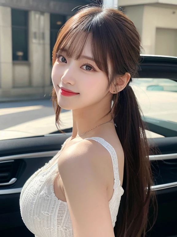 table top, highest quality, figure, super detailed, finely, High resolution, 8k wallpaper, 完璧なダイナミックな構figure, detailed and beautiful eyes, dress,long hair, middle of chest, natural color lip, random sexy poses,smile,park bench，ponytail