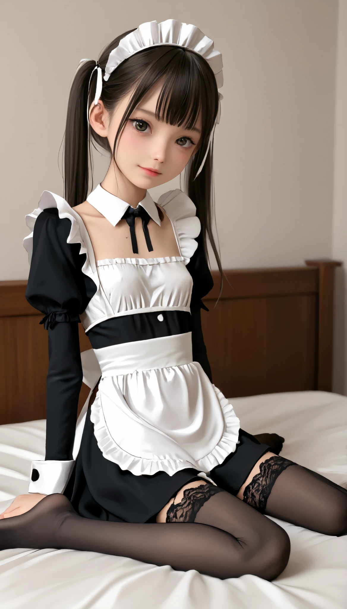 ((Offering extreme services:1.5)), ((Tight miniskirt maid outfit:1.4)), ((The body of a beautiful girl:1.3)), one person, (Baby Face:1.7), ((Hair, Smooth and shiny hair)), (Long side bangs:1.3), (Beautiful Skin:1.2), (Slender body line), ((Petite, delicate, 8th life)), (Medium breast), Cl, (Perfecy:1.4), (Detailed eyes and face:1.2), (Detailed hands and legs:1.3), (Little girl's small h(highest quality, 8K, masterpiece)), (View the viewer), (Flushed cheeks:1.4), (A sense of sexual openness:1.4), (Smile:1.3), (sional Lighting), (Accurate Shadows), (Photorealistic:1.4), (Skirt flipped up:1.6)