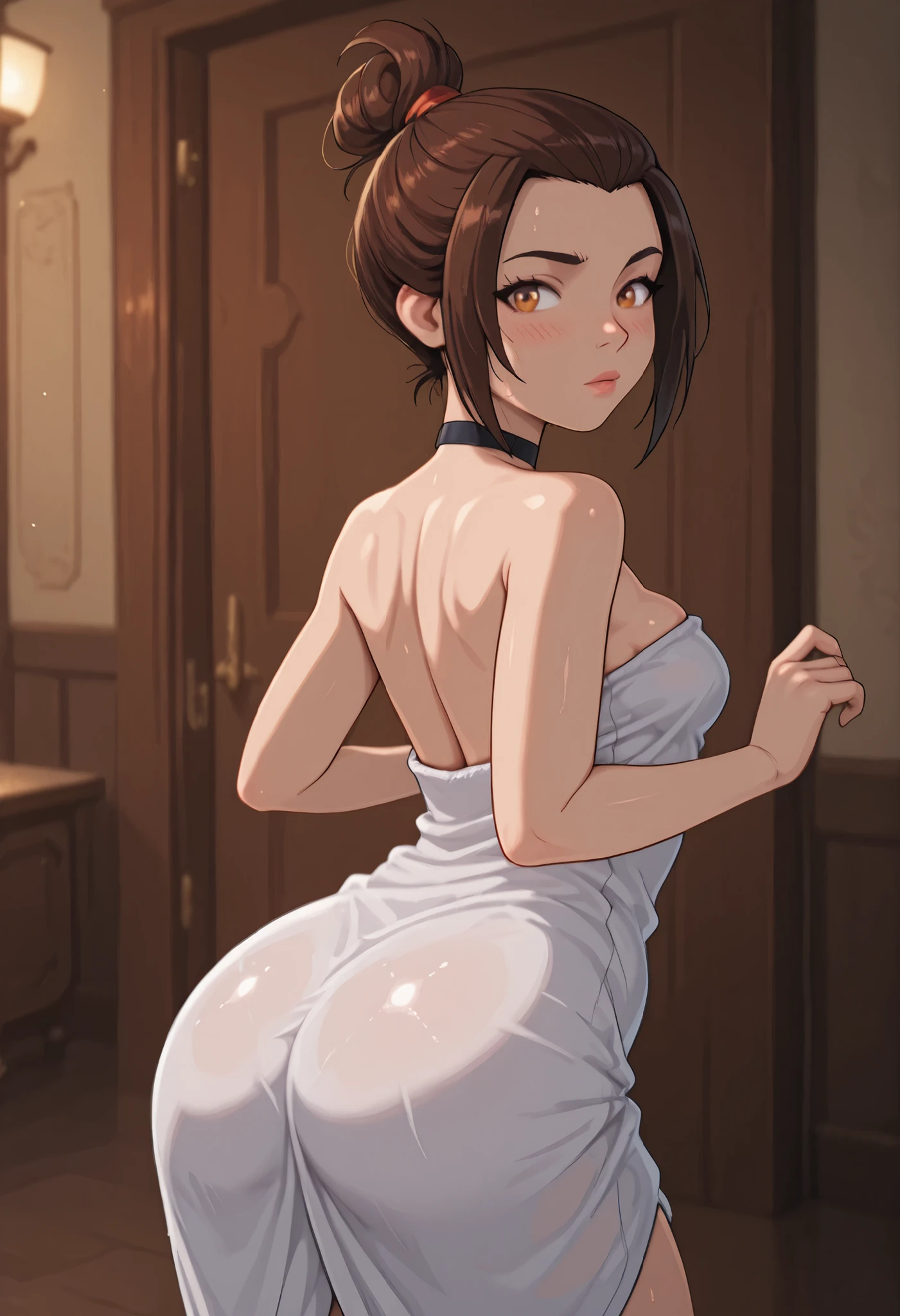 best quality, masterpiece, ultra-detailed, high quality, highres, takeda hiromitsu style, 1girl, mature female, brown hair, low bun, beautiful, beautiful and perfect face, smile, open mouth, looking at viewer, (white dress), see through, breasts, large ass, curvy body, POV, close shot, from the side, from behind, from above, full body, standing sideways, in home, in front of the door, leaning forward,a naked blackman standing in the door behind the woman,blackman have secret sex with the mature woman in the door