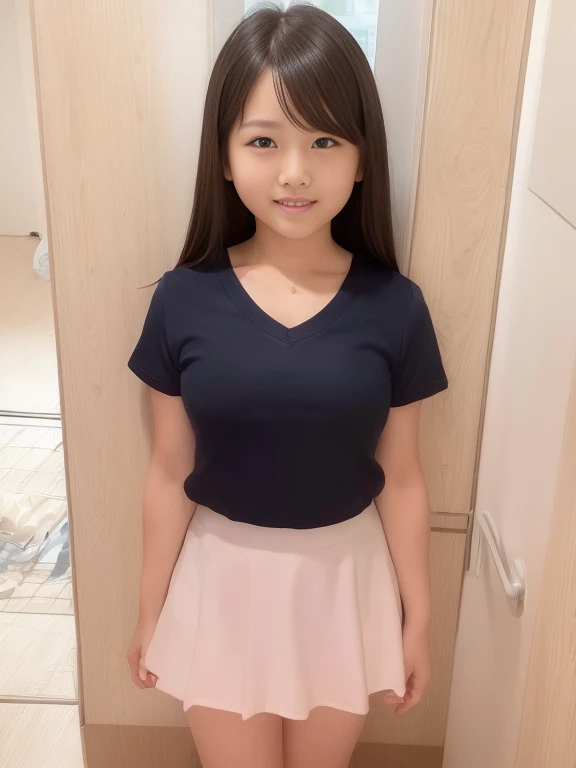 (8k),(masterpiece),(Japanese),(12 year old girl),((Innocent look)),((Childish)),from the front,smile,cute,Innocent,Kind eyes,Plain white t-shirt,Short sleeve,Blue checked short skirt,Straight hair,Black Hair,Sitting on a hotel bed,noon,bright