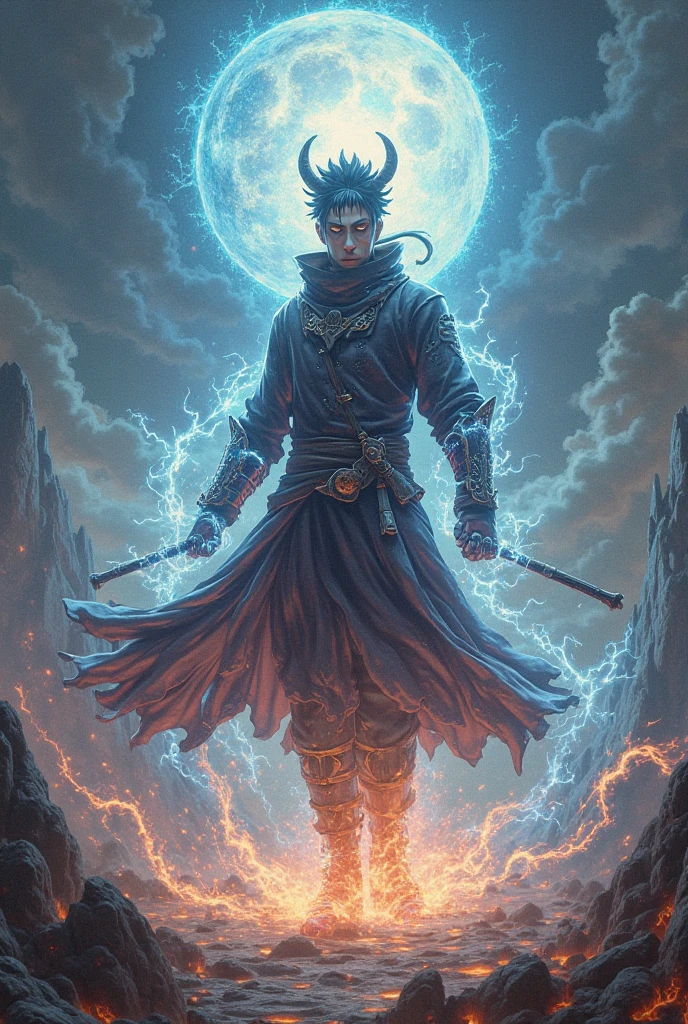 masterpiece, best quality, highly detailed, guts \(berserk\), smoking pipe man, from above, running fighting stance, attack battle form, run in the lake,armor, one eye closed, scar, bandages, black hair, cape, male focus, manly, holding pipe, huge sword, holding, traditional media, full moon, <lora:Guts_05:1>, <lora:J_diagram:0.9>, J_diagram, bioluminescent, cinematic light, (best shadow), halo of light, <lora:xuer shang dynasty_20240212233835:0.8>, xuer shang dynasty,