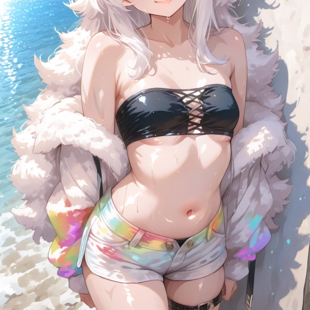 (masterpiece、Highest quality:1.2)、caenis、FGO、summer、bikini、One girl、solo、Big Breasts、Staring at the audience、smile、short hair、Gray Hair、bangs、blue eyes、Animal Ears、Cleavage、Bare shoulders、Swimwear、White jacket、Denim shorts、Open clothes、hair band、、smile、黒のbikini、sunglasses、Glasses on head、Body pattern、White nails、Beach、Palm tree