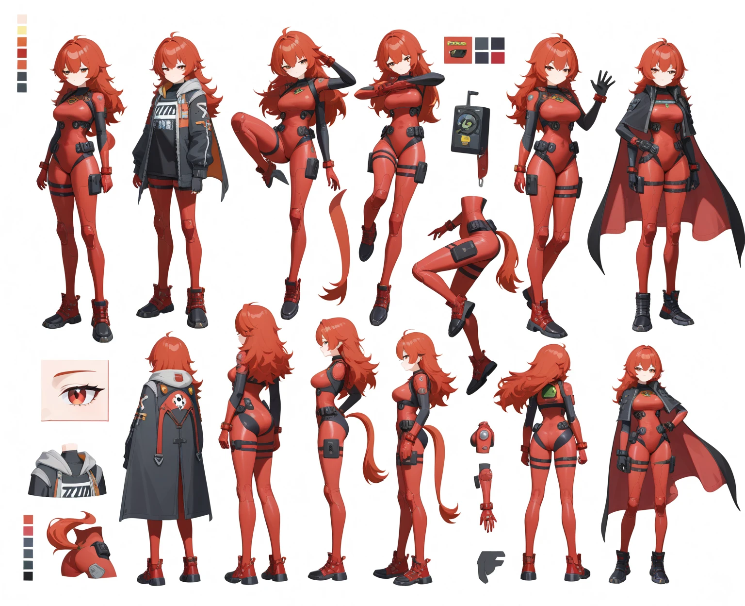 1girl, slavic girl, reference sheet, character design, front angle, side angle, rear angle, dynamic poses, (masterpiece:1.2), (best quality:1.3), textile underwear, traditional clothing, sports bra, (small stature), (red hair), (yellow eyes), (pony tail), (long bangs), (vibrant eyes), (large hips), (thick thighs)
